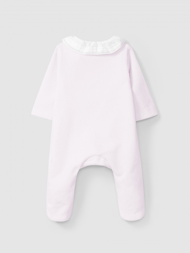 Babygrow veludo gola de folho com bordado