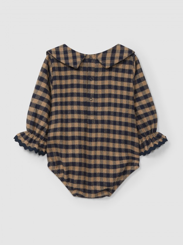 Plaid bodysuit with collar embroidered in wool yarn