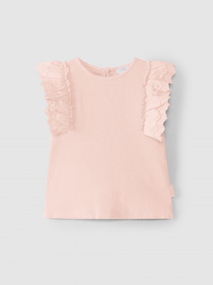 Top en maille cannele et broderie anglaise