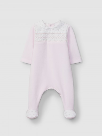 Babygrow in velvet with smocking