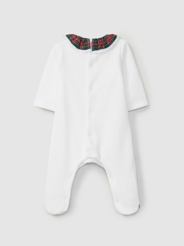 Babygrow veludo xadrez gola de folho com renda