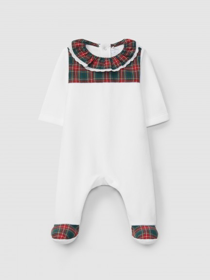 Babygrow veludo xadrez gola de folho com renda