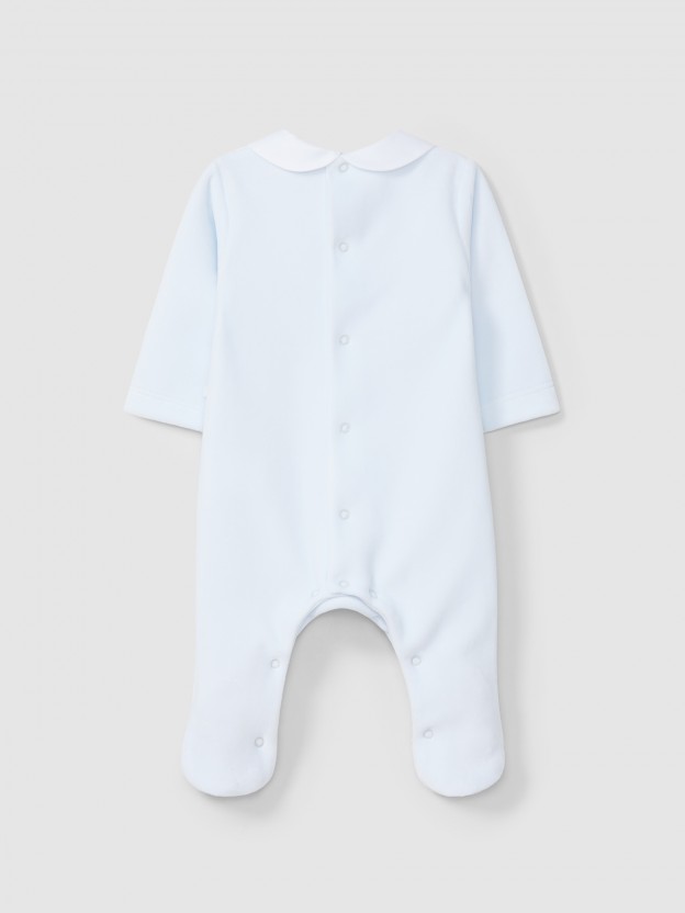 Babygrow in velvet with embroidered effect fabric