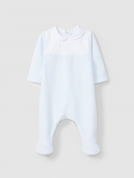 Babygrow in velvet with embroidered effect fabric