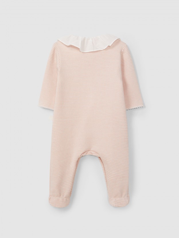 Babygrow in pied-de-poule jacquard knit with ruffled collar