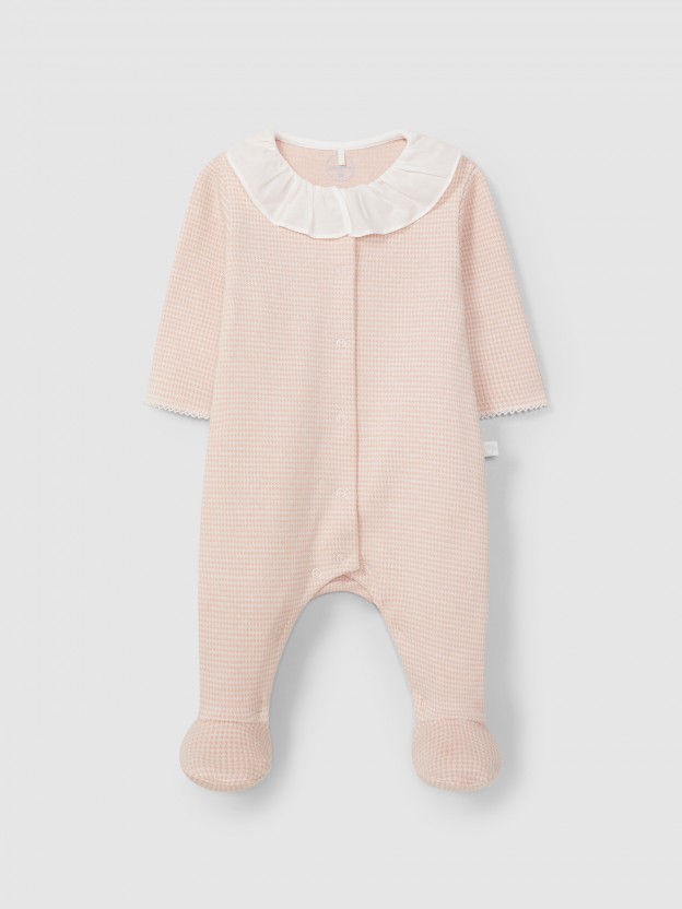 Babygrow in pied-de-poule jacquard knit with ruffled collar