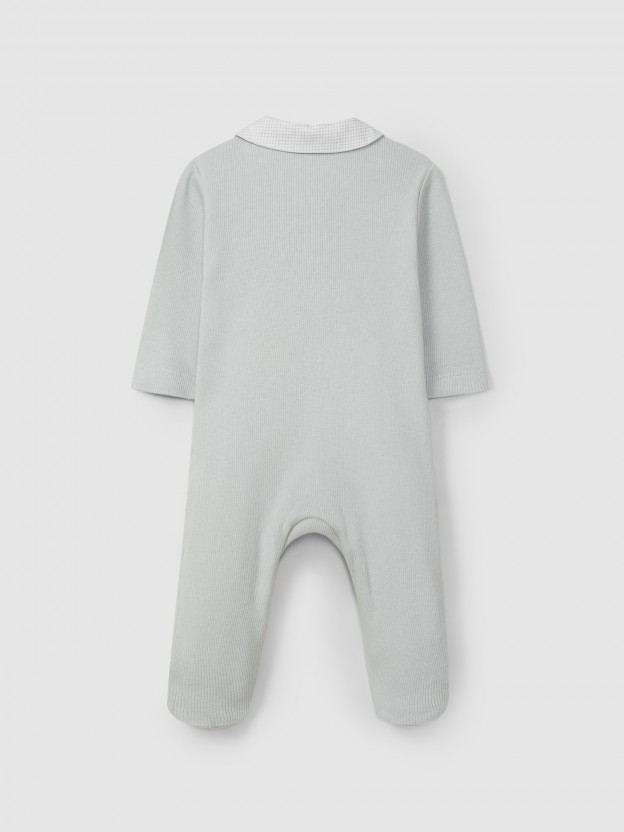 Ribbed jersey babygrow with printed round collar