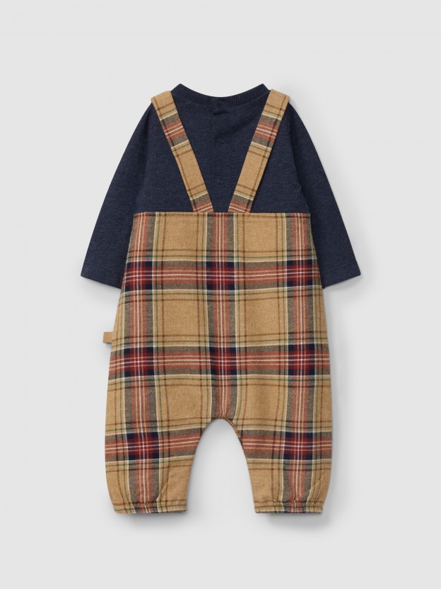 Two-in-one organic cotton plaid romper