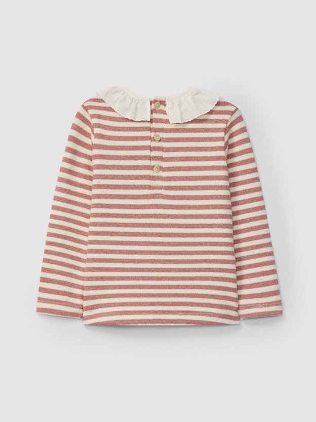 Longsleeve in striped jersey knit with collar English embroidery