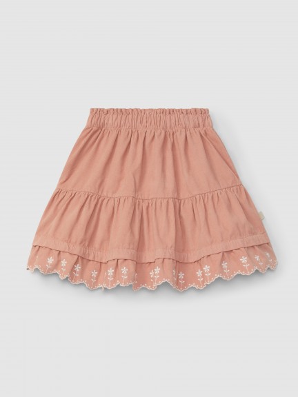 Skirt with ruffle with embroidered flowers