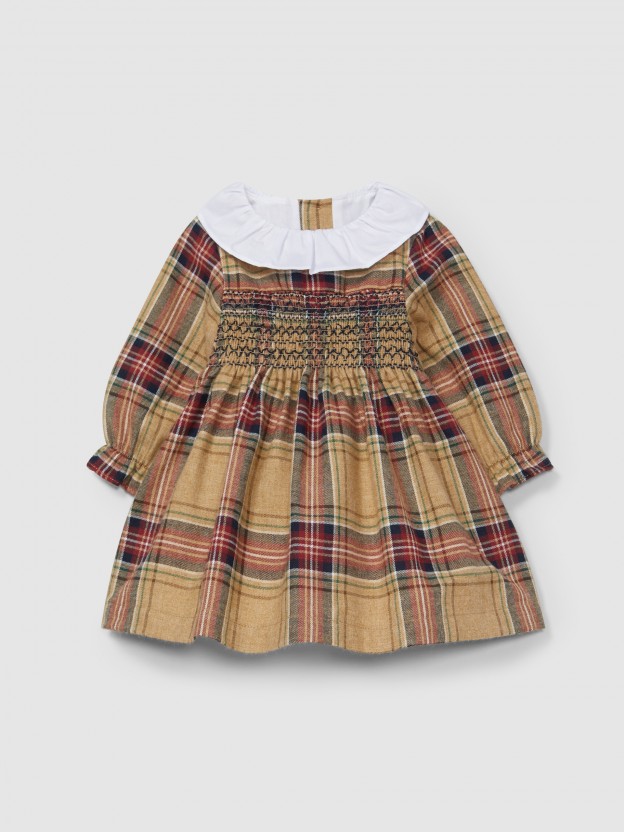 Dress in organic cotton plaid with smocking and ruffled collar