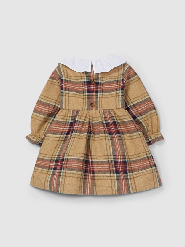 Dress in organic cotton plaid with smocking and ruffled collar