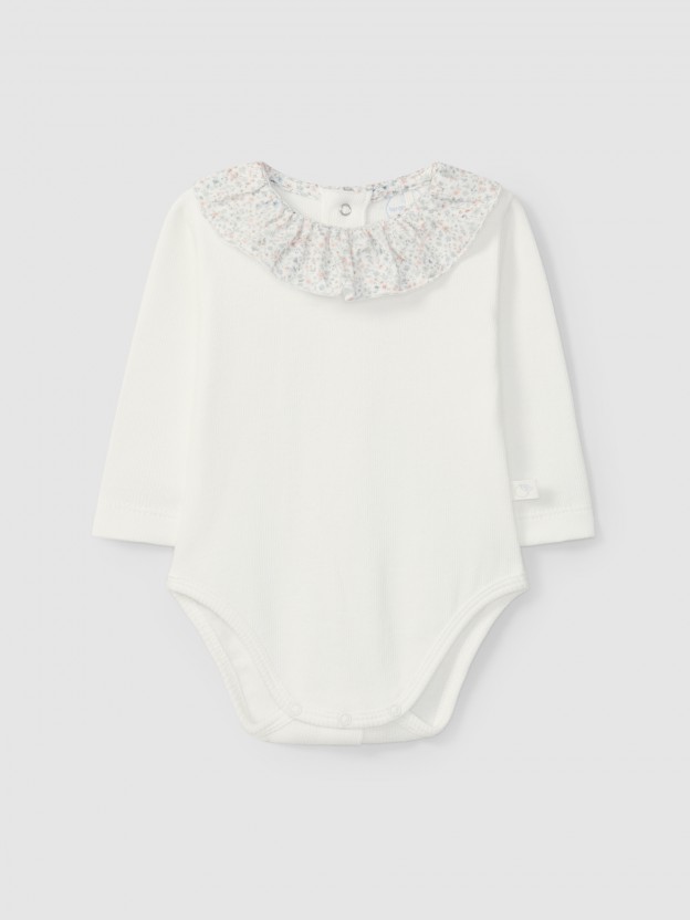 Bodysuit ribbed jersey with floral ruffled collar