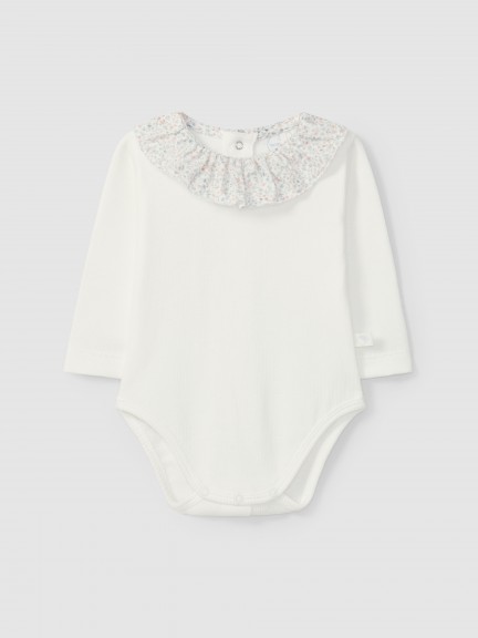 Bodysuit ribbed jersey with floral ruffled collar