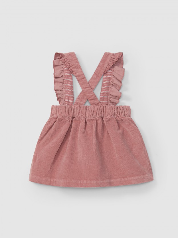 Micro-corduroy dungaree dress with ruffled detail