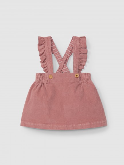 Micro-corduroy dungaree dress with ruffled detail