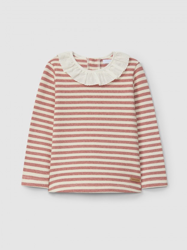 Longsleeve in striped jersey knit with collar English embroidery