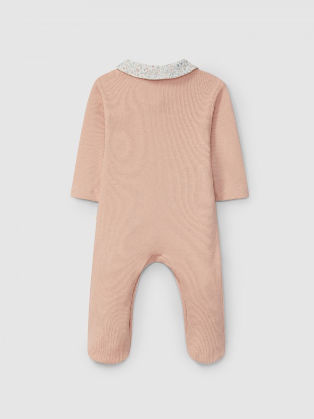 Ribbed jersey babygrow with printed round collar