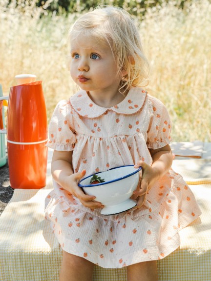 Seersucker dress micro-plaid and strawberries