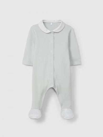 Ribbed jersey babygrow with printed round collar