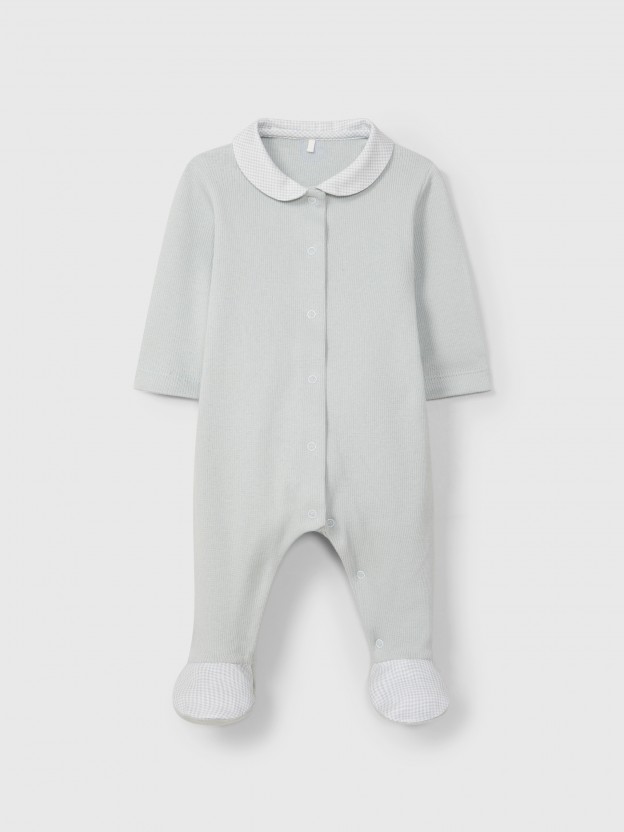 Ribbed jersey babygrow with printed round collar