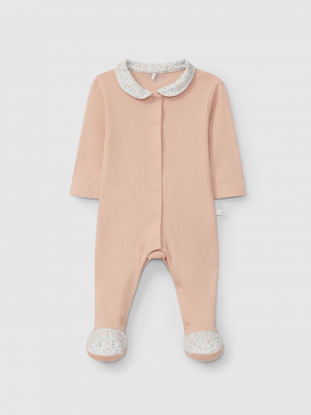 Ribbed jersey babygrow with printed round collar