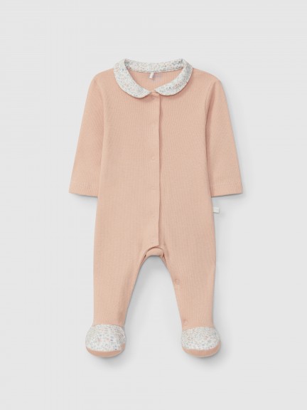 Ribbed jersey babygrow with printed round collar