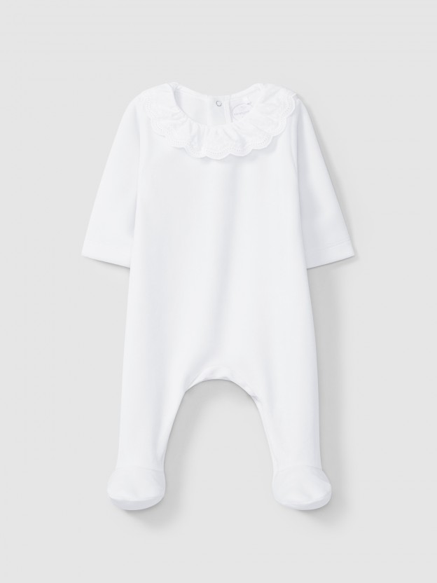 Babygrow en velours  col  volant en dentelle