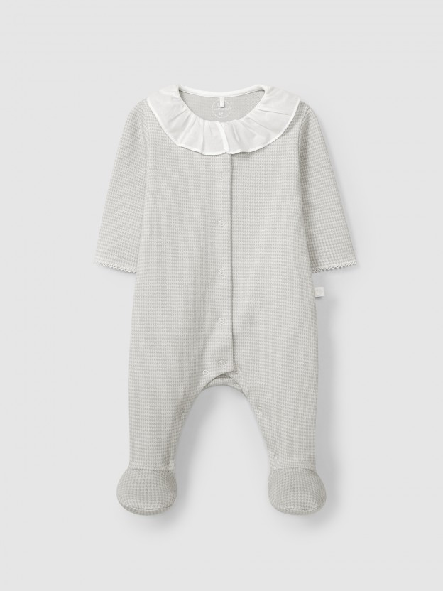 Babygrow in pied-de-poule jacquard knit with ruffled collar