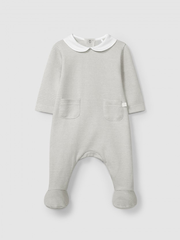 Babygrow in pied-de-poule jacquard knit with round collar