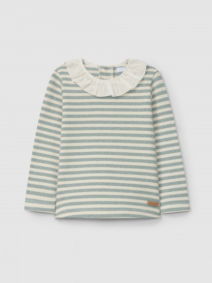 Longsleeve in striped jersey knit with collar English embroidery