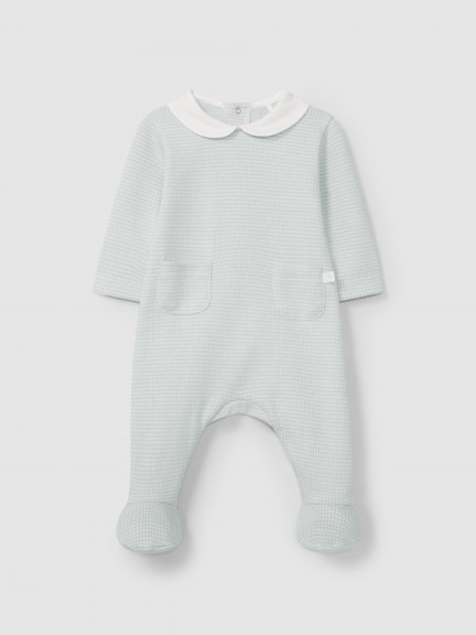 Babygrow in pied-de-poule jacquard knit with round collar