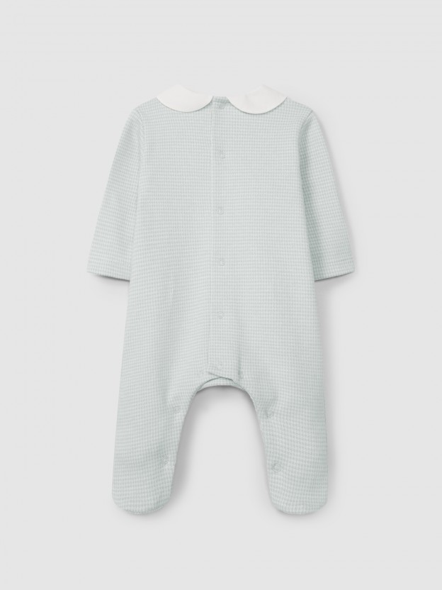 Babygrow in pied-de-poule jacquard knit with round collar