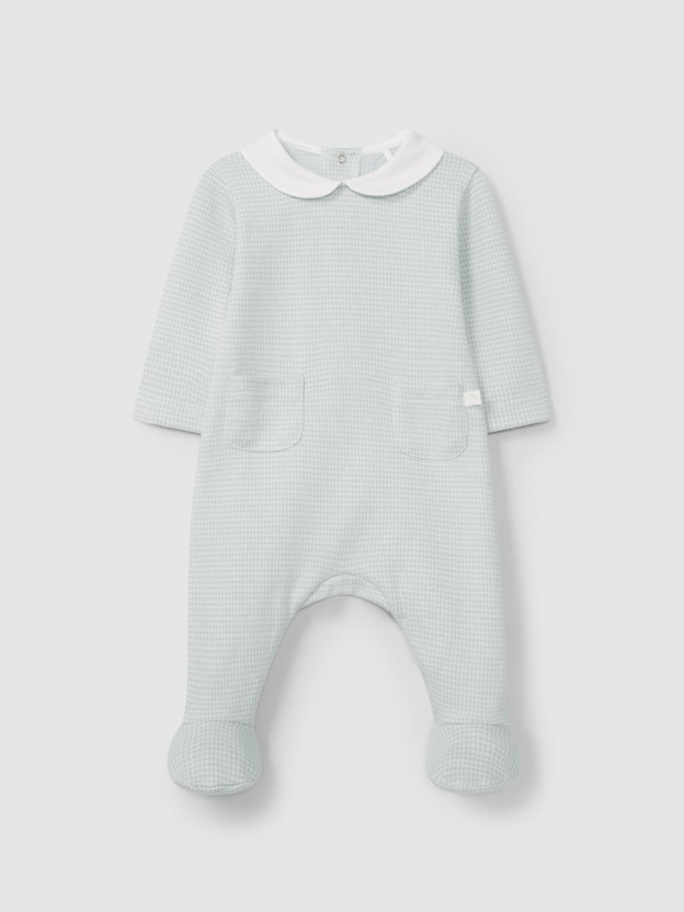 Babygrow in pied-de-poule jacquard knit with round collar