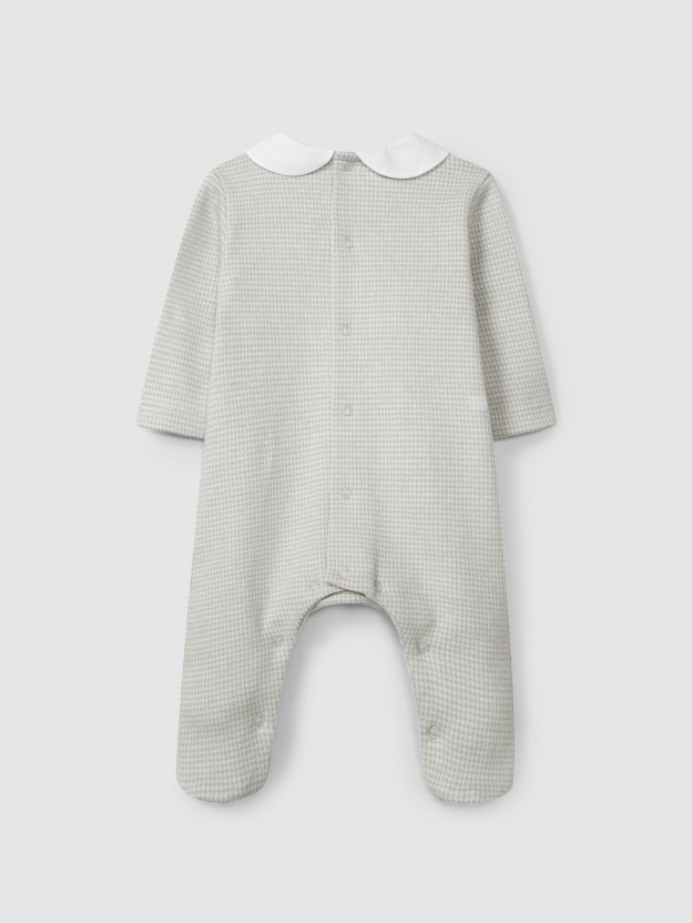 Babygrow in pied-de-poule jacquard knit with round collar