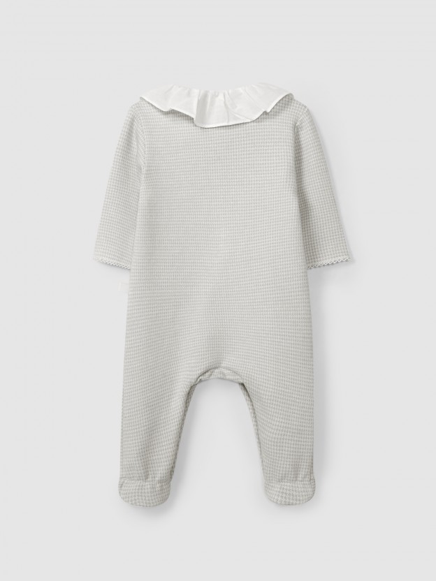 Babygrow in pied-de-poule jacquard knit with ruffled collar