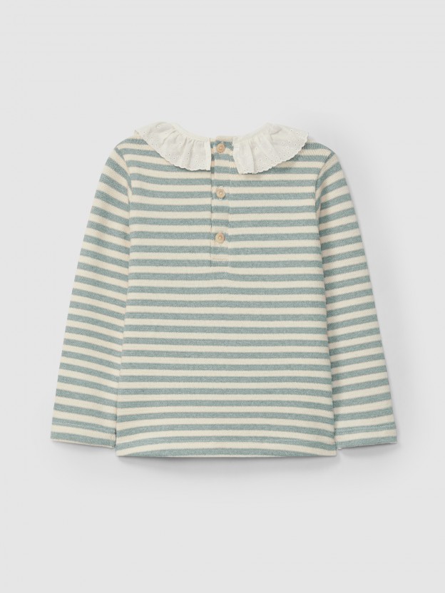 Longsleeve in striped jersey knit with collar English embroidery