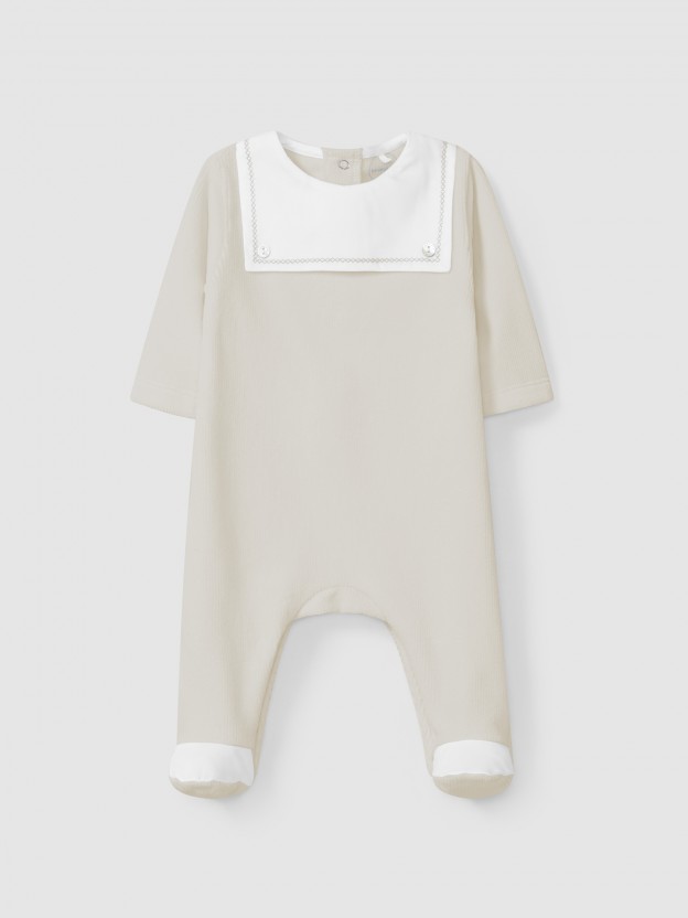 Ribbed velvet babygrow with embroidery detail