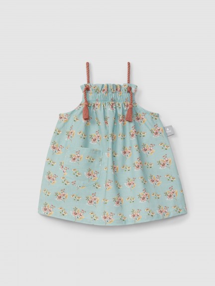 Floral print dress and contrast coloured straps