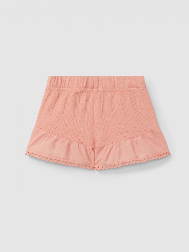 Ajour pattern pull-up shorts with English embroidery