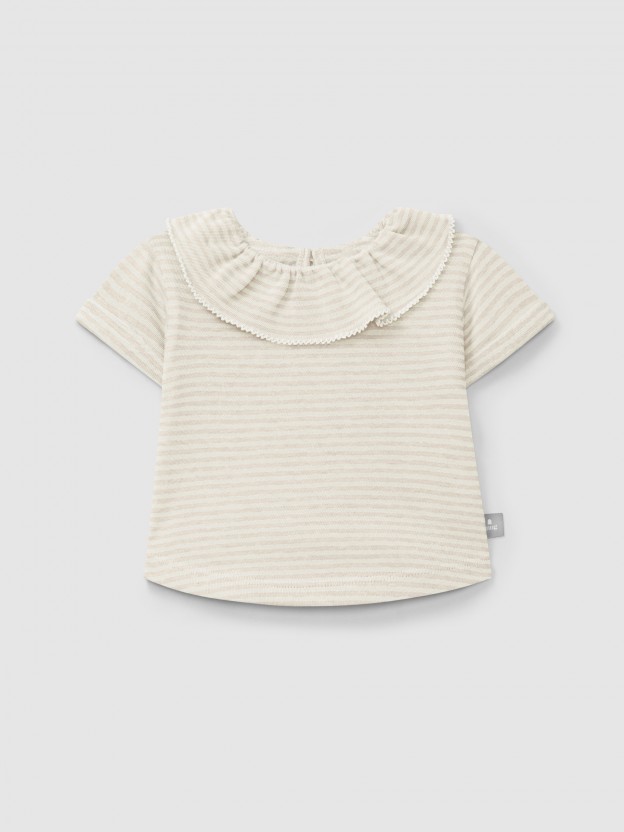 T-shirt de riscas em algodo com gola de folho