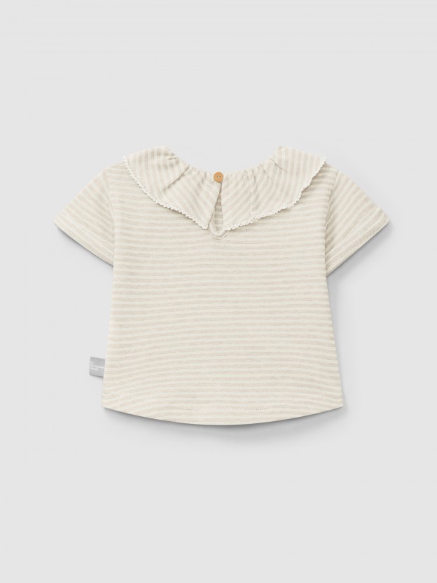 T-shirt de riscas em algodo com gola de folho
