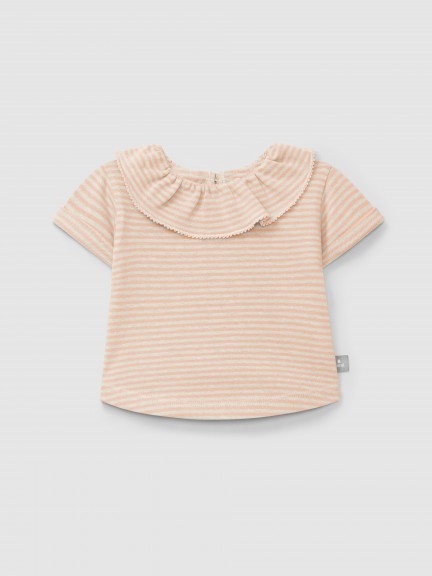 Cotton striped T-shirt with ruffled collar