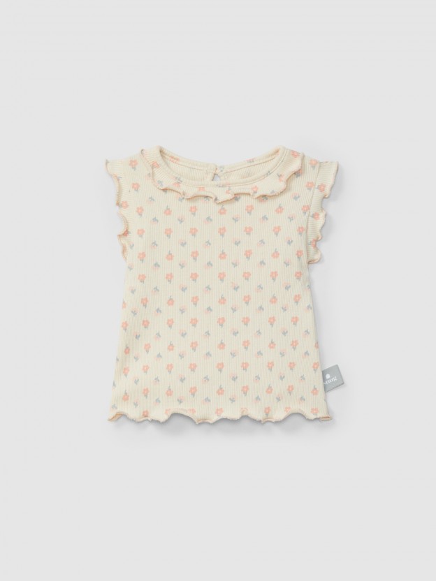 Camiseta flores en punto acanalado