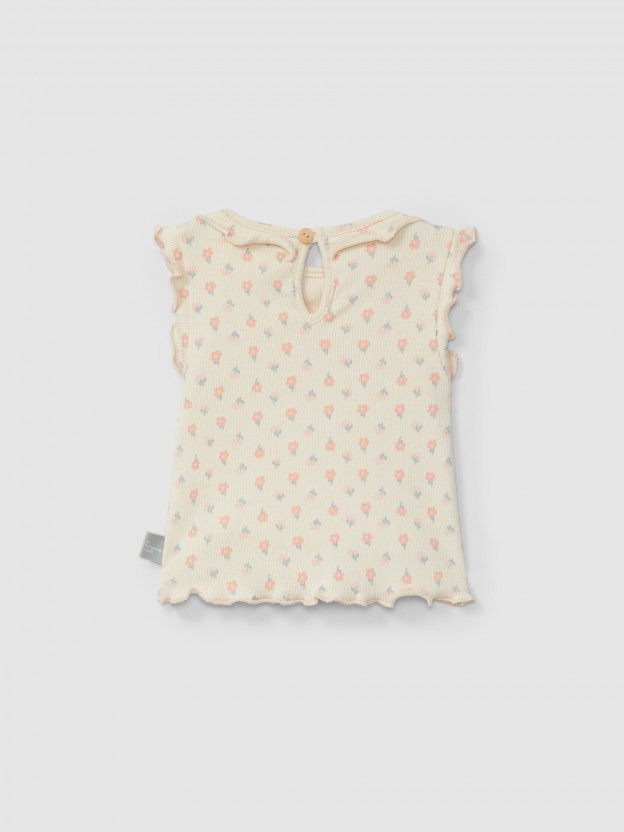 Camiseta flores en punto acanalado