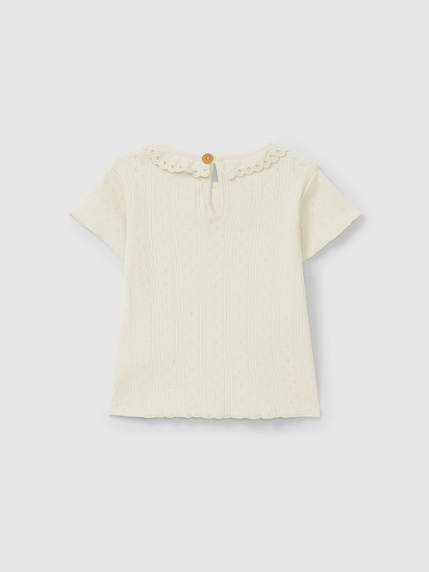 Camiseta Ajour / calado con cuello volante bordado inglés Camiseta Ajour / calado con cuello volante bordado inglés