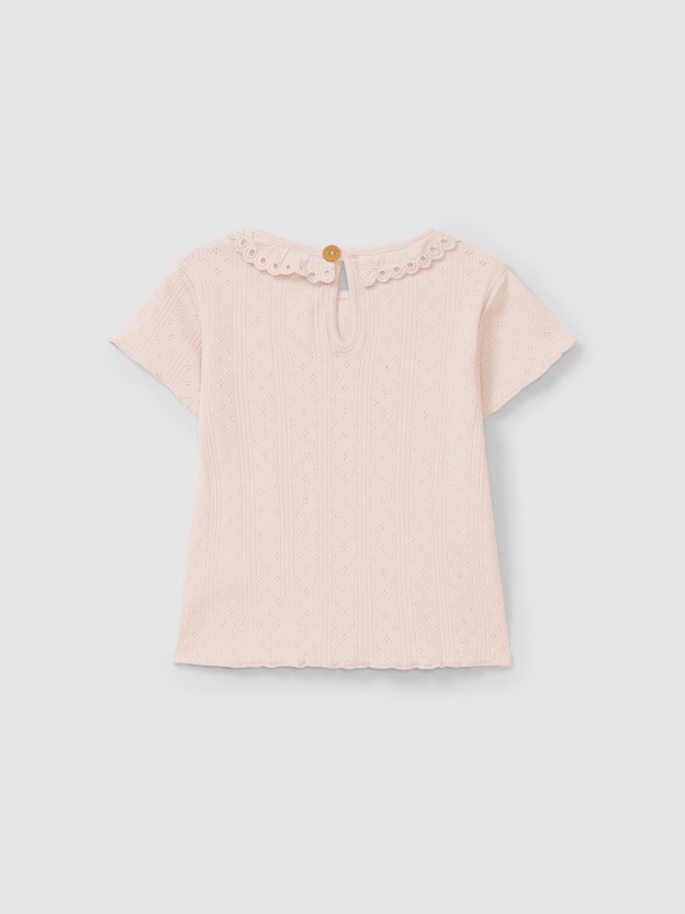Camiseta Ajour / calado con cuello volante bordado ingls