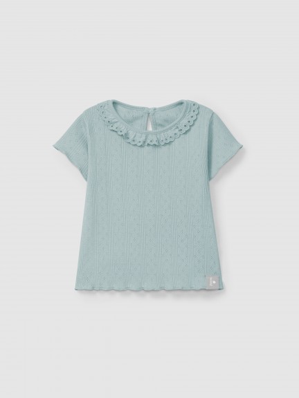 T-shirt ajour avec col  volant broderie anglaise