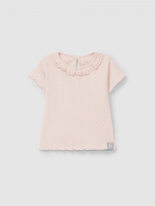 Camiseta Ajour / calado con cuello volante bordado ingls