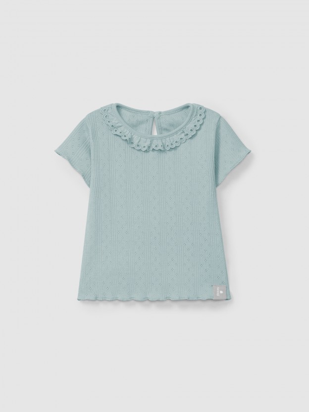 Camiseta Ajour / calado con cuello volante bordado ingls
